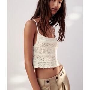 Zara Cream Cotton Crochet Knit Crop Tank Lace Boho Festival Cottagecore M